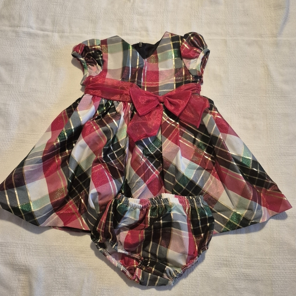 Bonnie Baby girls size 18 months plaid holiday dress with matching diaper cover
